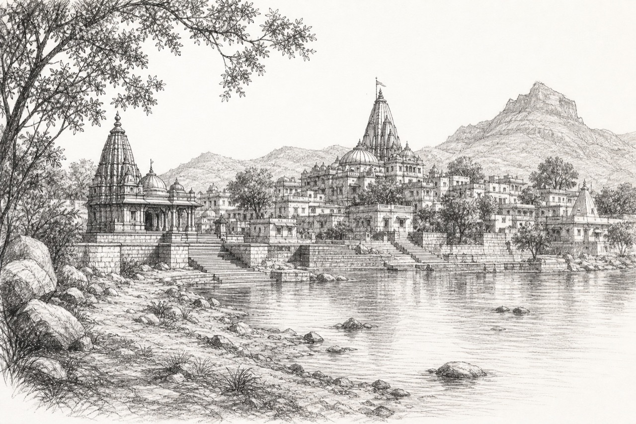 Hand-drawn pencil travel sketch for Ambaji