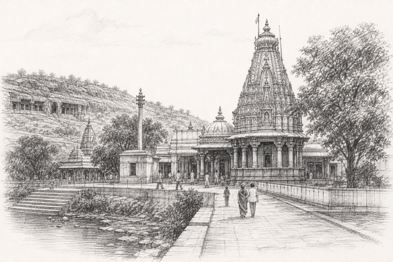 Hand-drawn pencil travel sketch for Ambājogāi