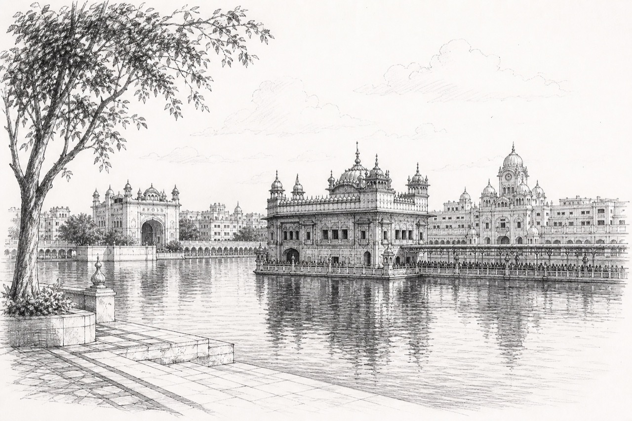Hand-drawn pencil travel sketch for Amritsar