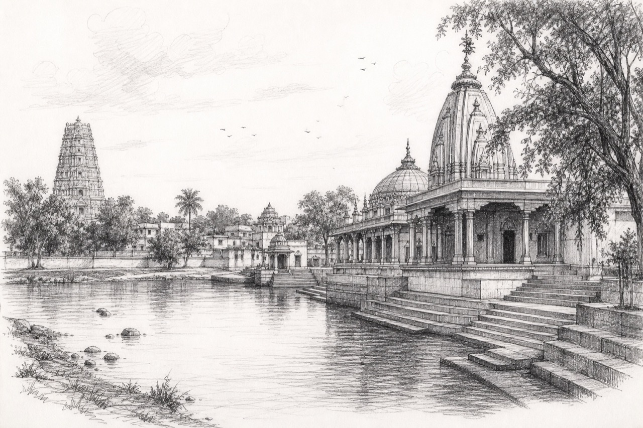 Hand-drawn pencil travel sketch for Arang