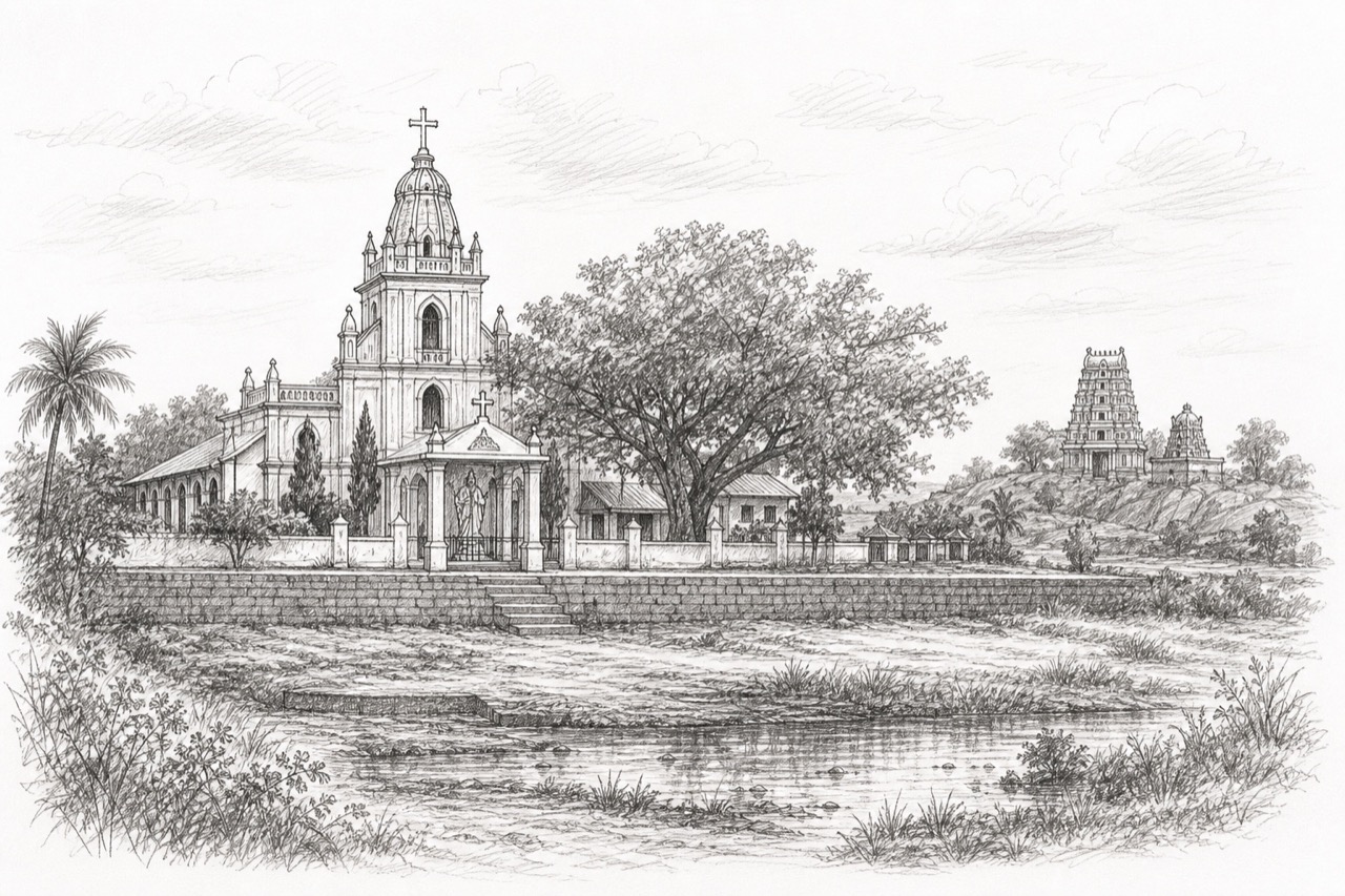 Hand-drawn pencil travel sketch for Ariyalūr