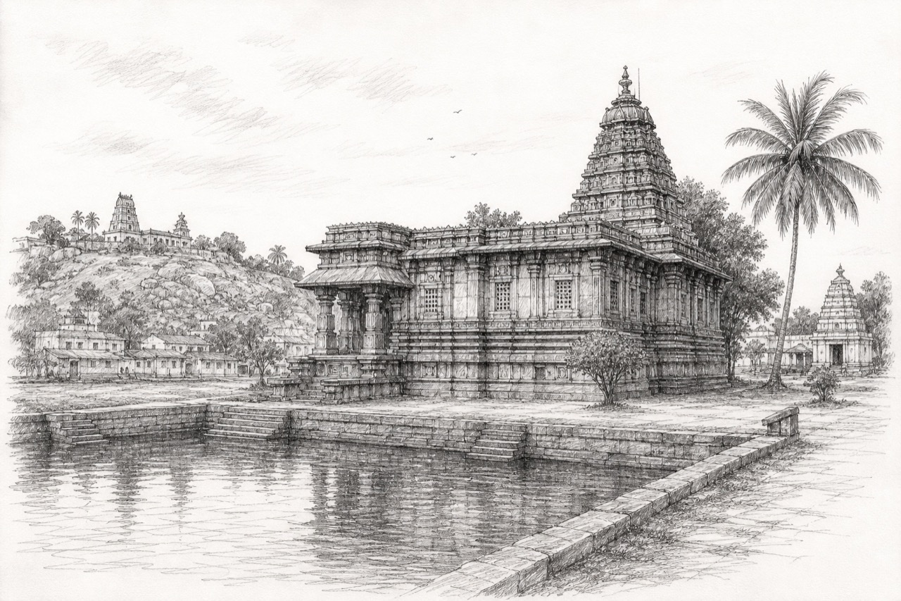 Hand-drawn pencil travel sketch for Arsikere