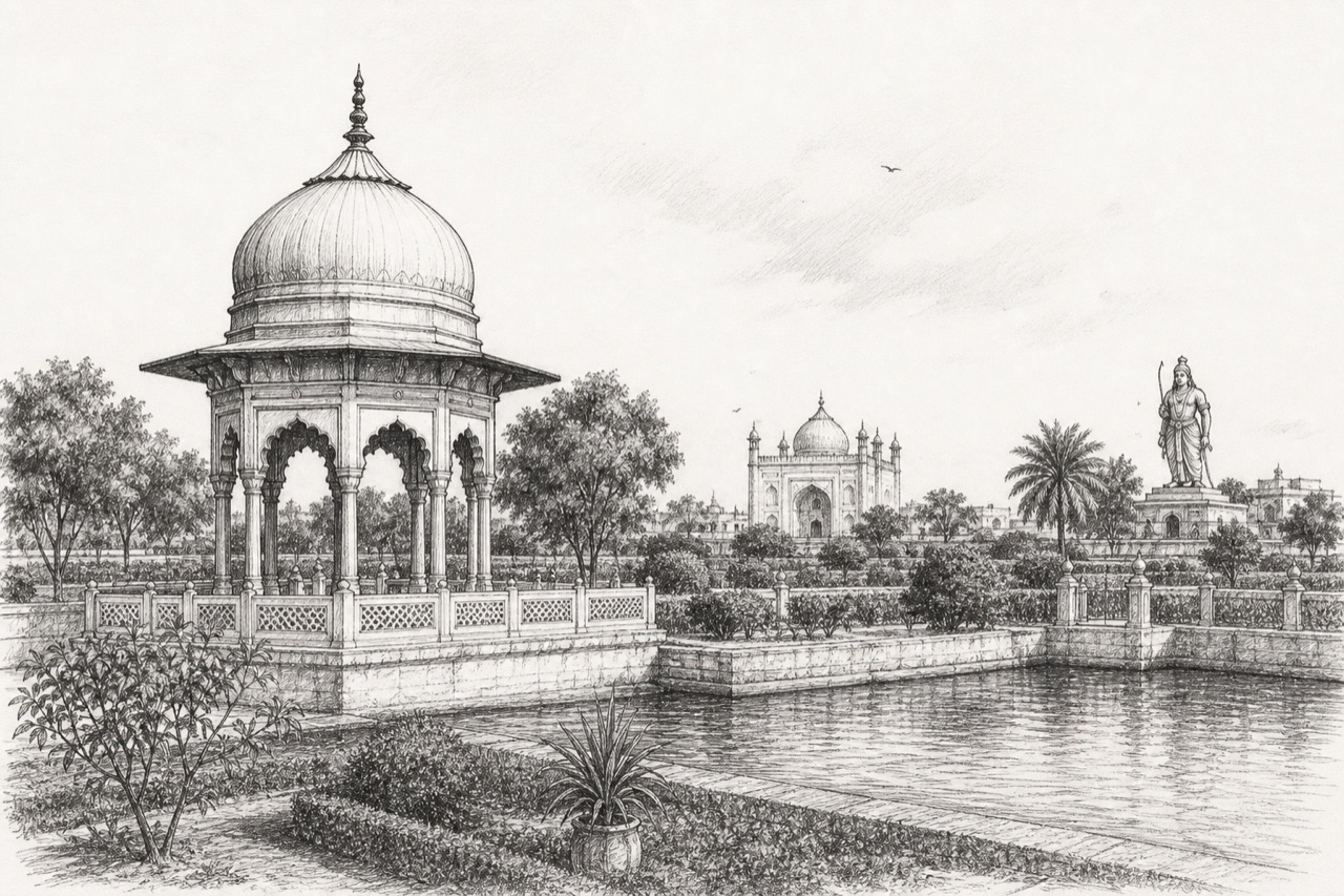 Hand-drawn pencil travel sketch for Ayodhya