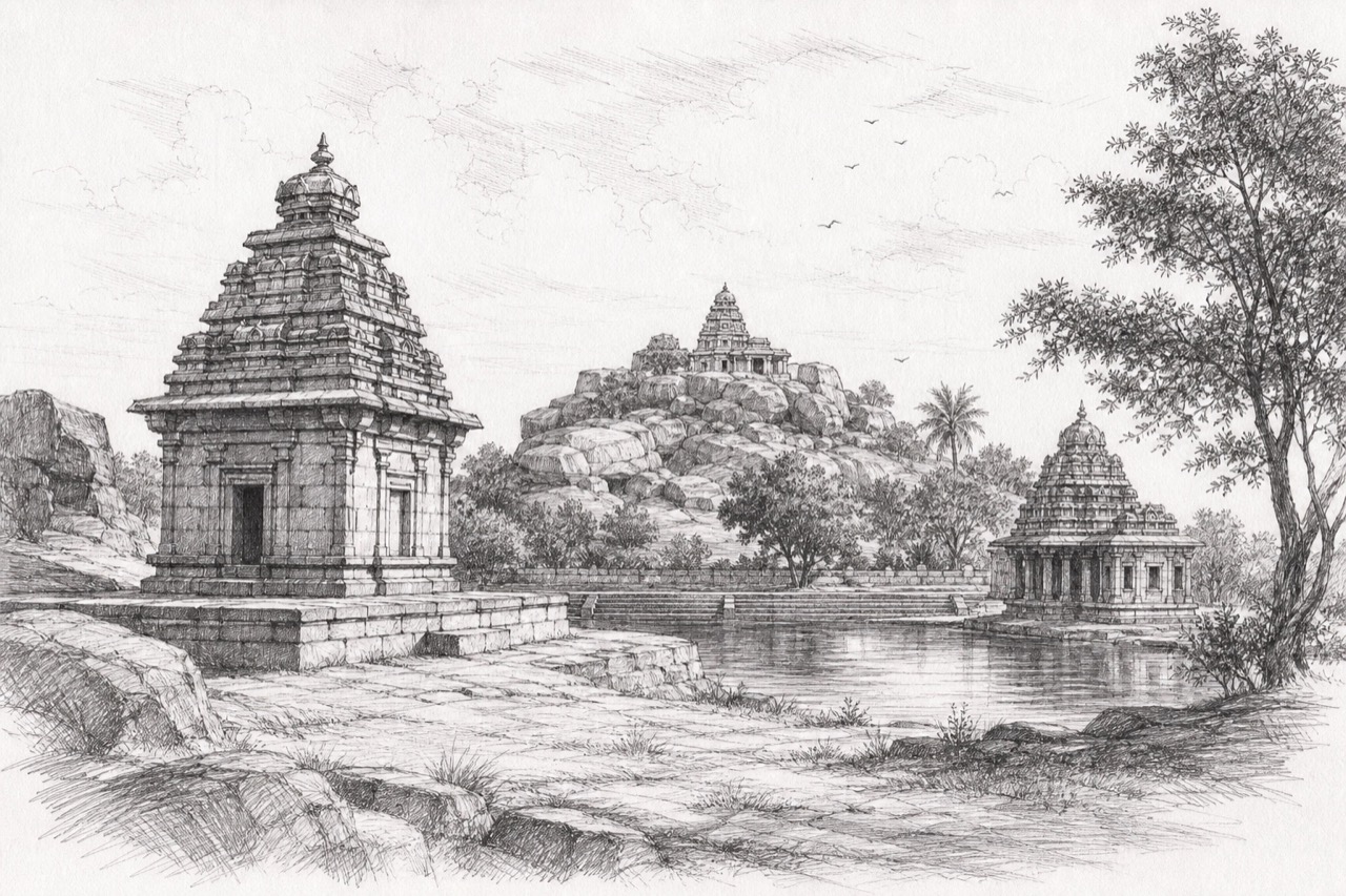 Hand-drawn pencil travel sketch for Bādāmi