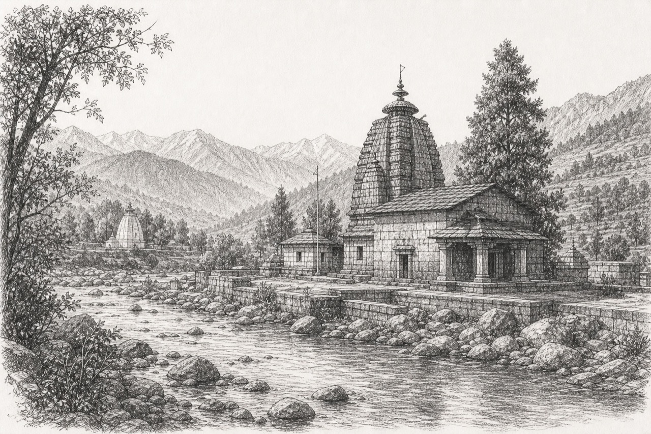Hand-drawn pencil travel sketch for Baijnath area