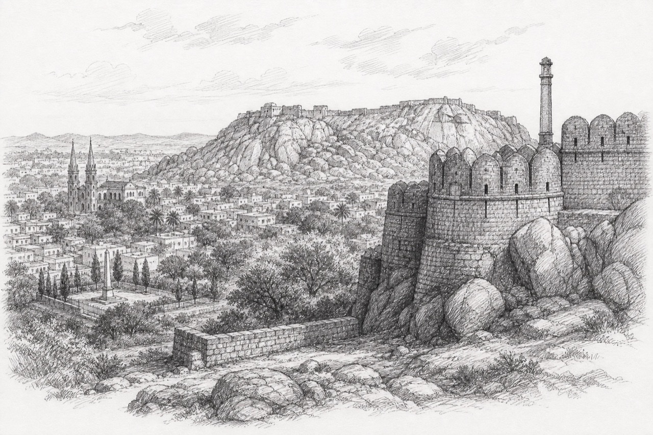 Hand-drawn pencil travel sketch for Ballari