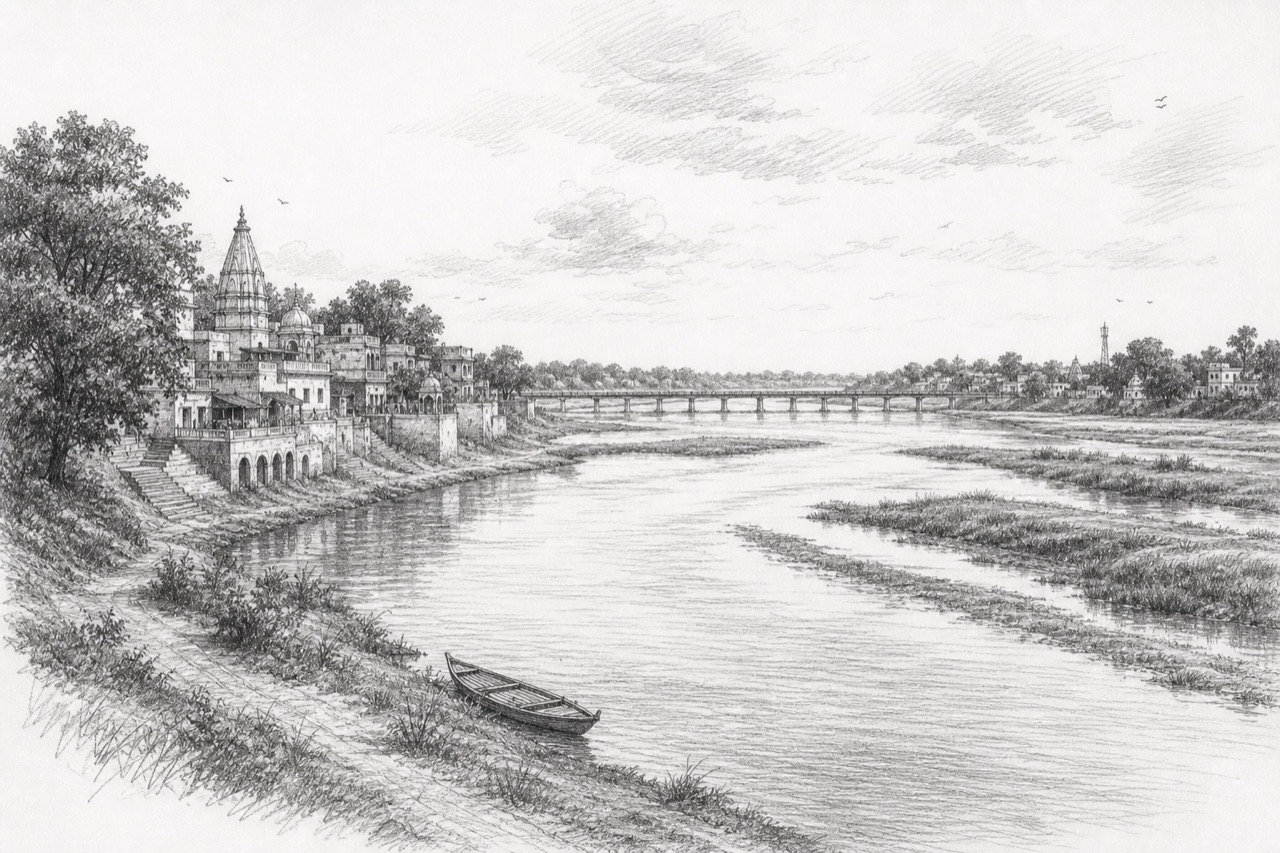 Hand-drawn pencil travel sketch for Ballia area