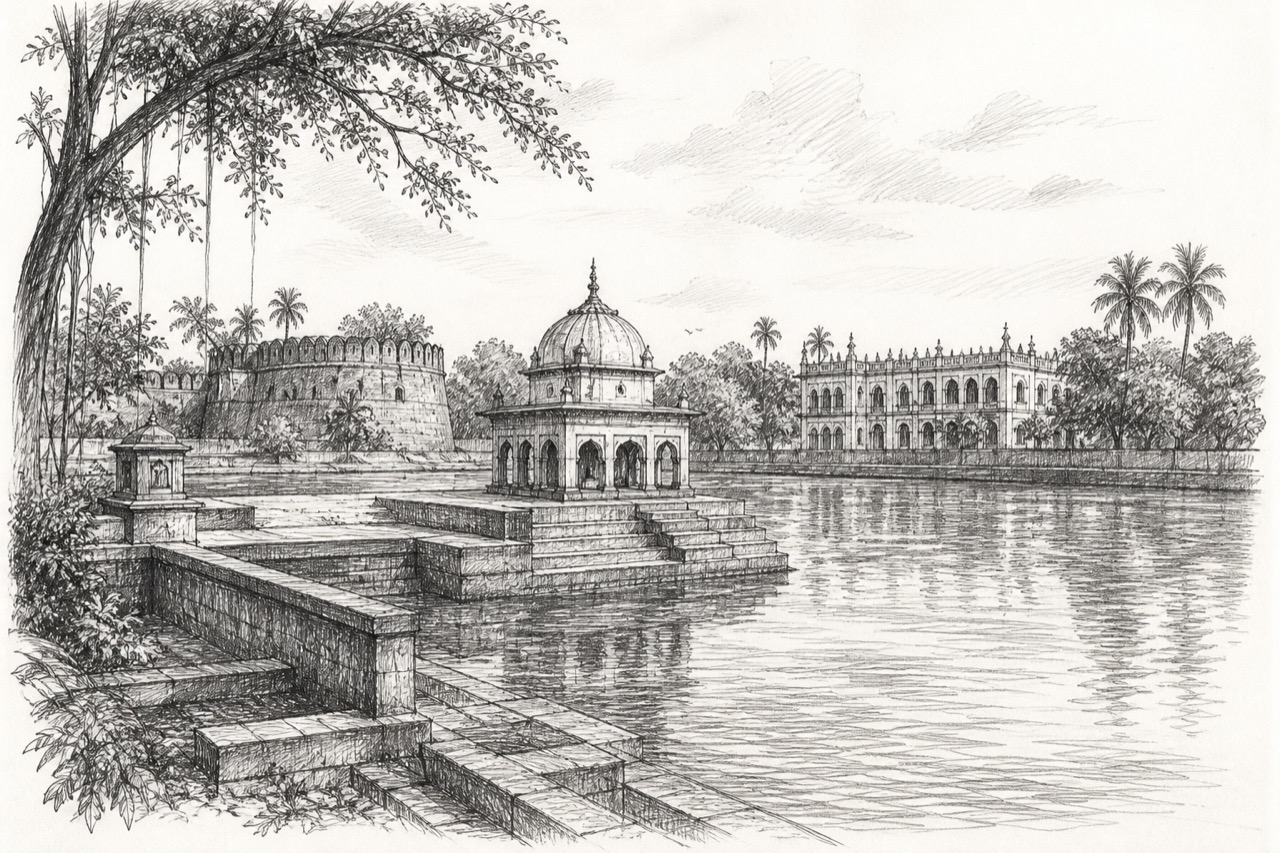 Hand-drawn pencil travel sketch for Barddhamān