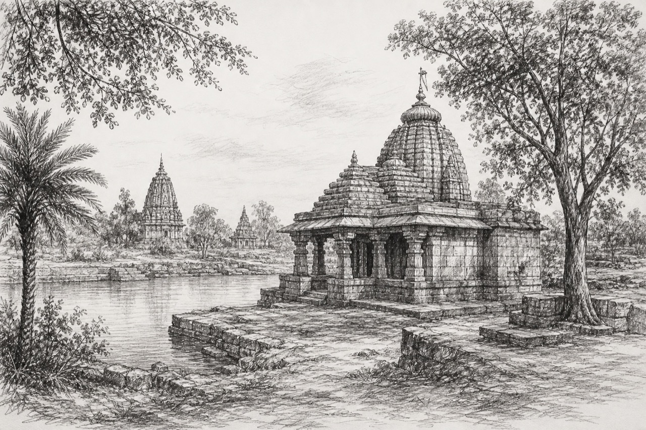 Hand-drawn pencil travel sketch for Bastar