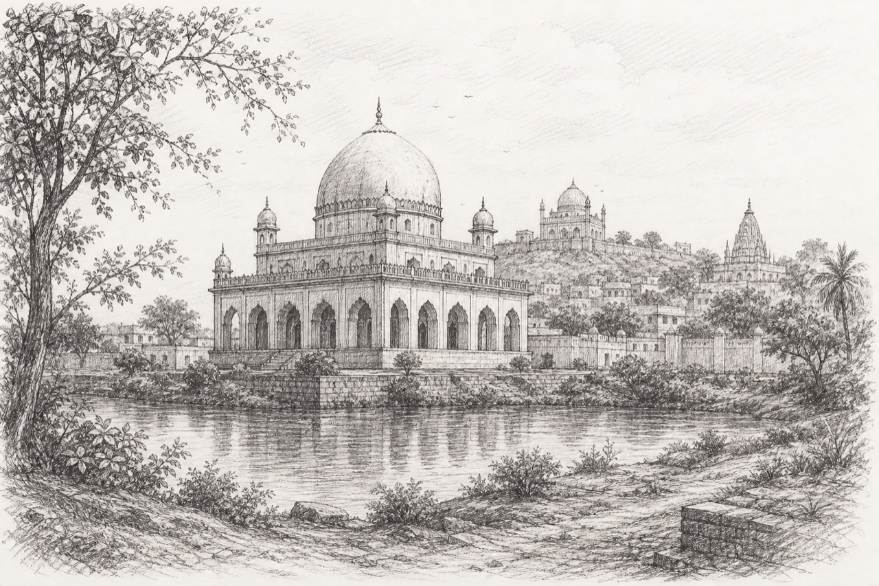 Hand-drawn pencil travel sketch for Beed