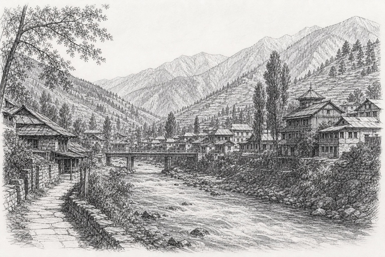 Hand-drawn pencil travel sketch for Bhadarwāh