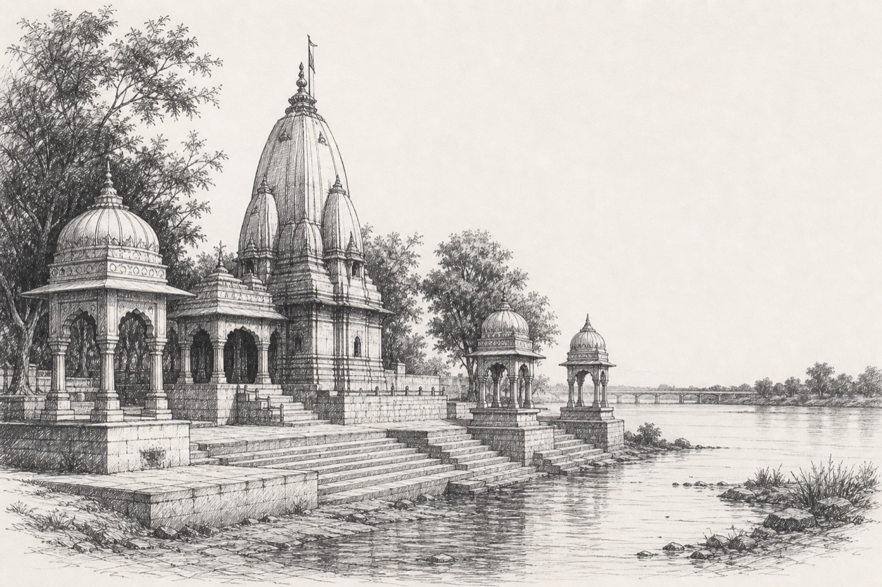 Hand-drawn pencil travel sketch for Bhandāra