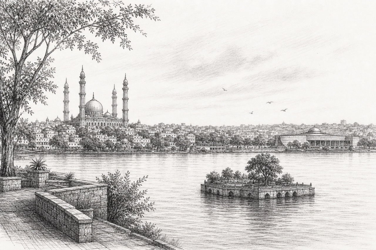 Hand-drawn pencil travel sketch for Bhopal