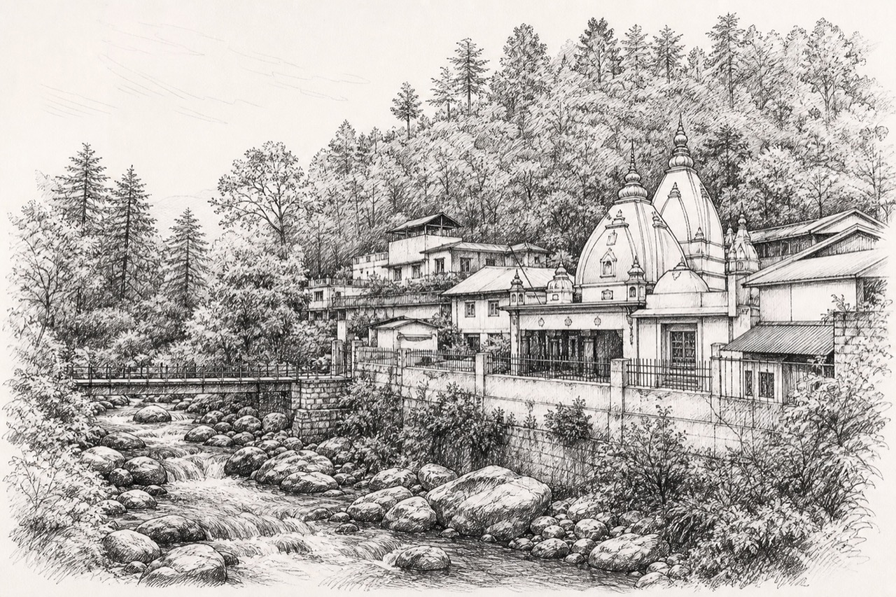 Hand-drawn pencil travel sketch for Bhowali