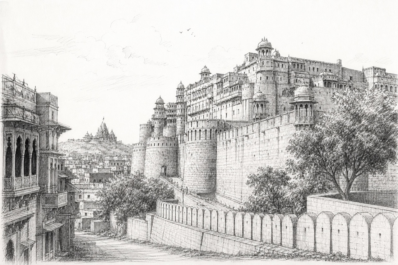 Hand-drawn pencil travel sketch for Bikaner