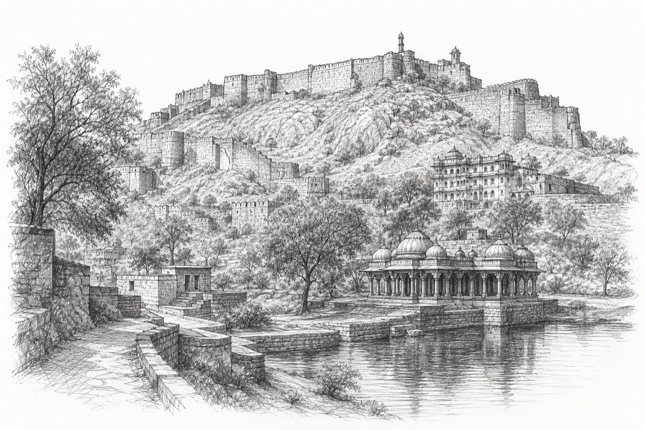 Hand-drawn pencil travel sketch for Būndi