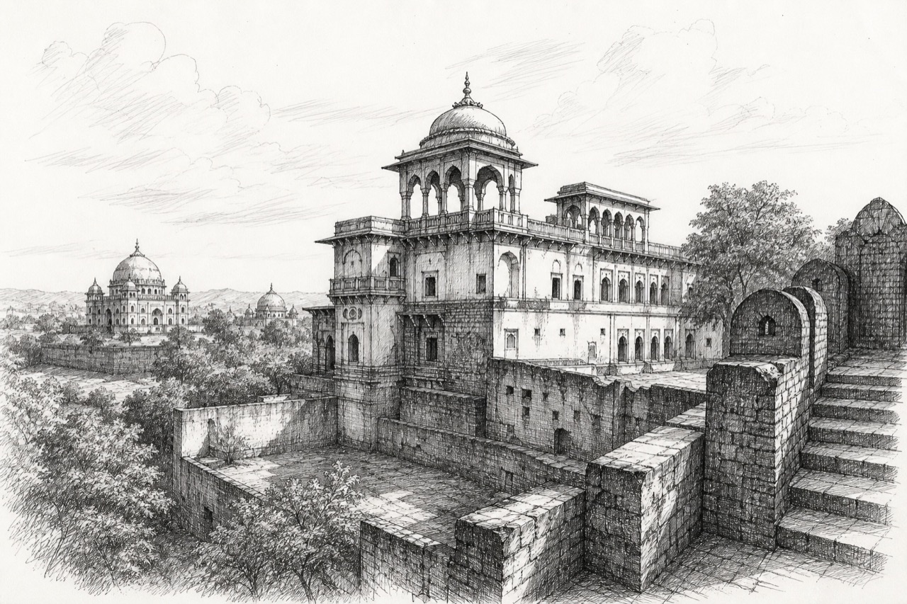Hand-drawn pencil travel sketch for Burhānpur