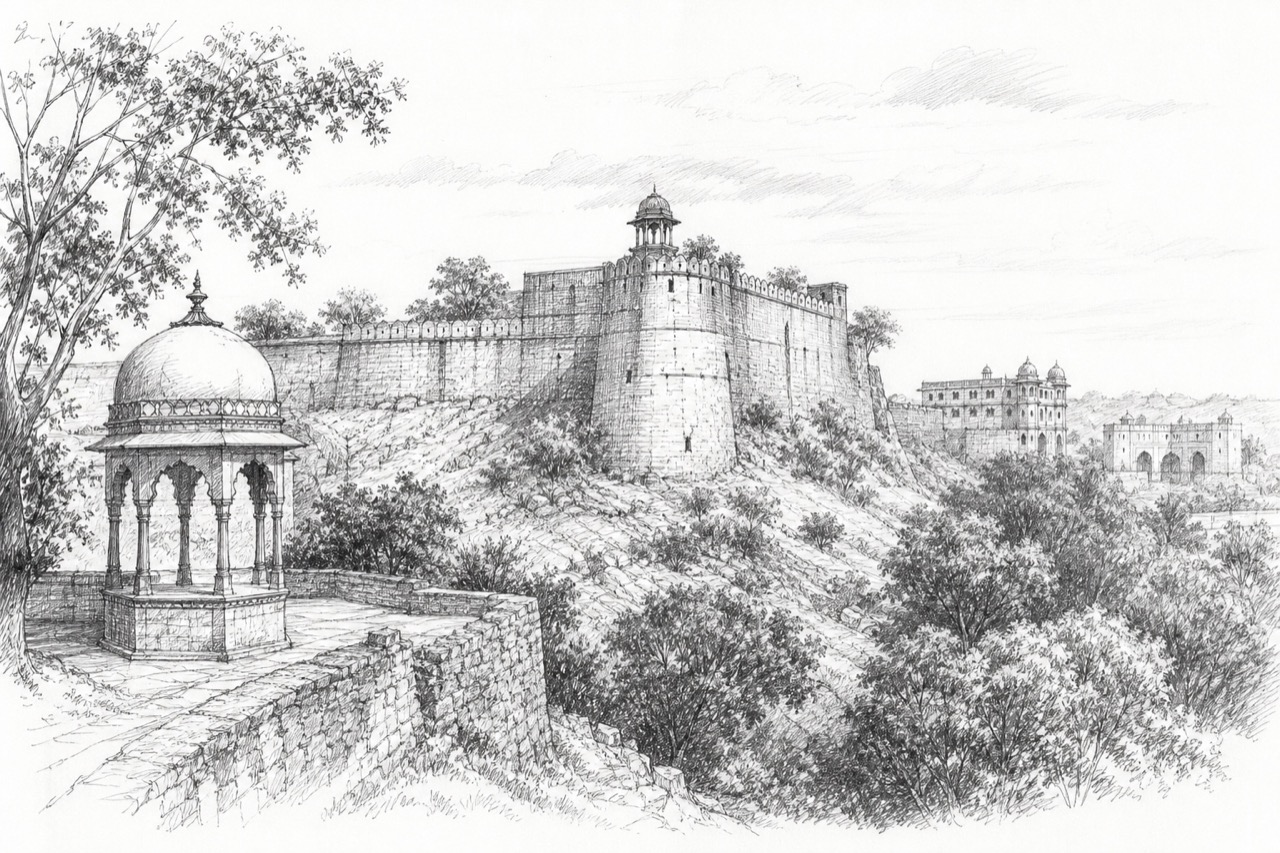 Hand-drawn pencil travel sketch for Chanderi