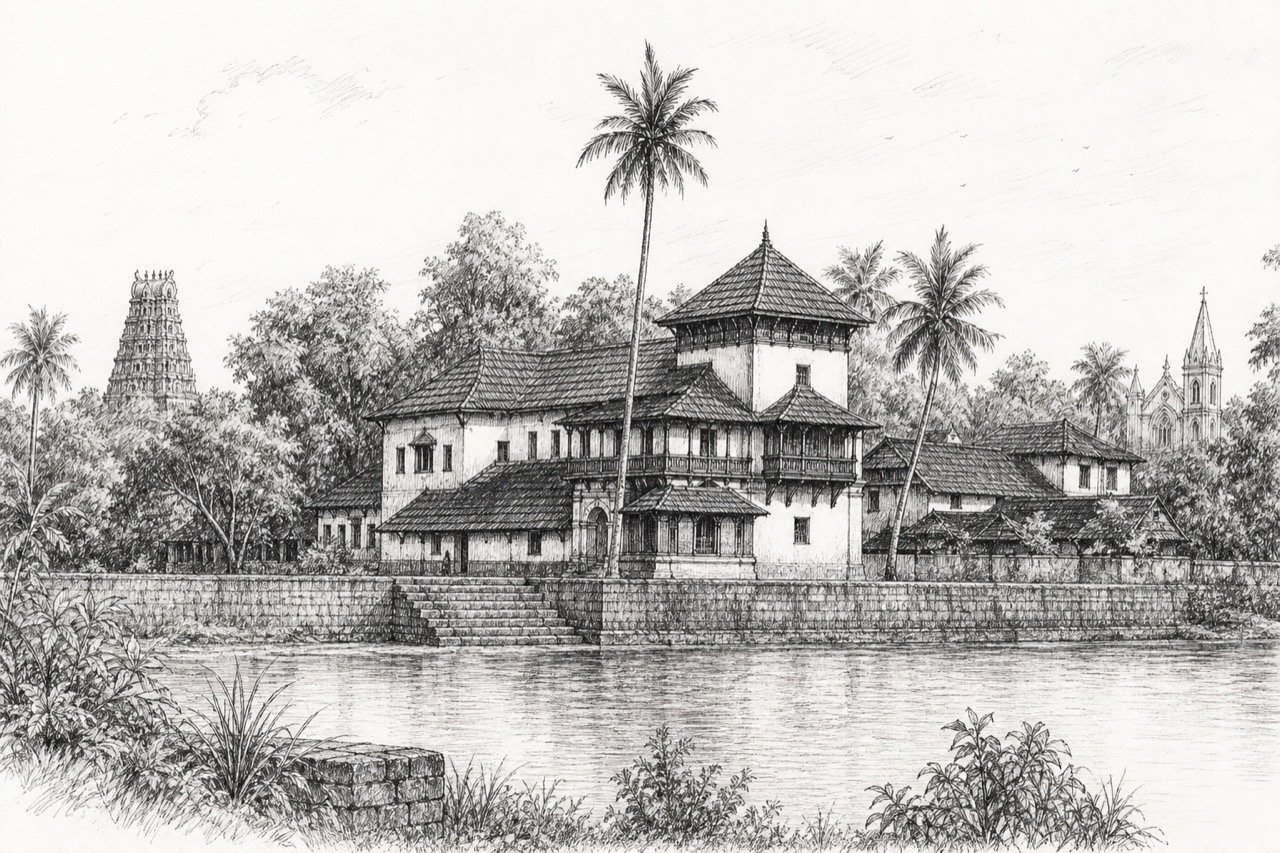 Hand-drawn pencil travel sketch for Changanācheri