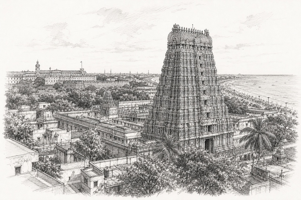Hand-drawn pencil travel sketch for Chennai