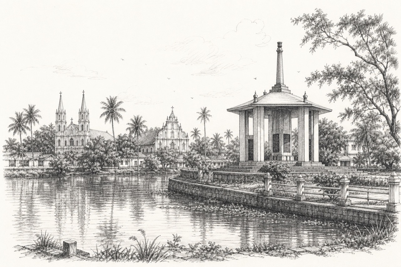 Hand-drawn pencil travel sketch for Cherthala