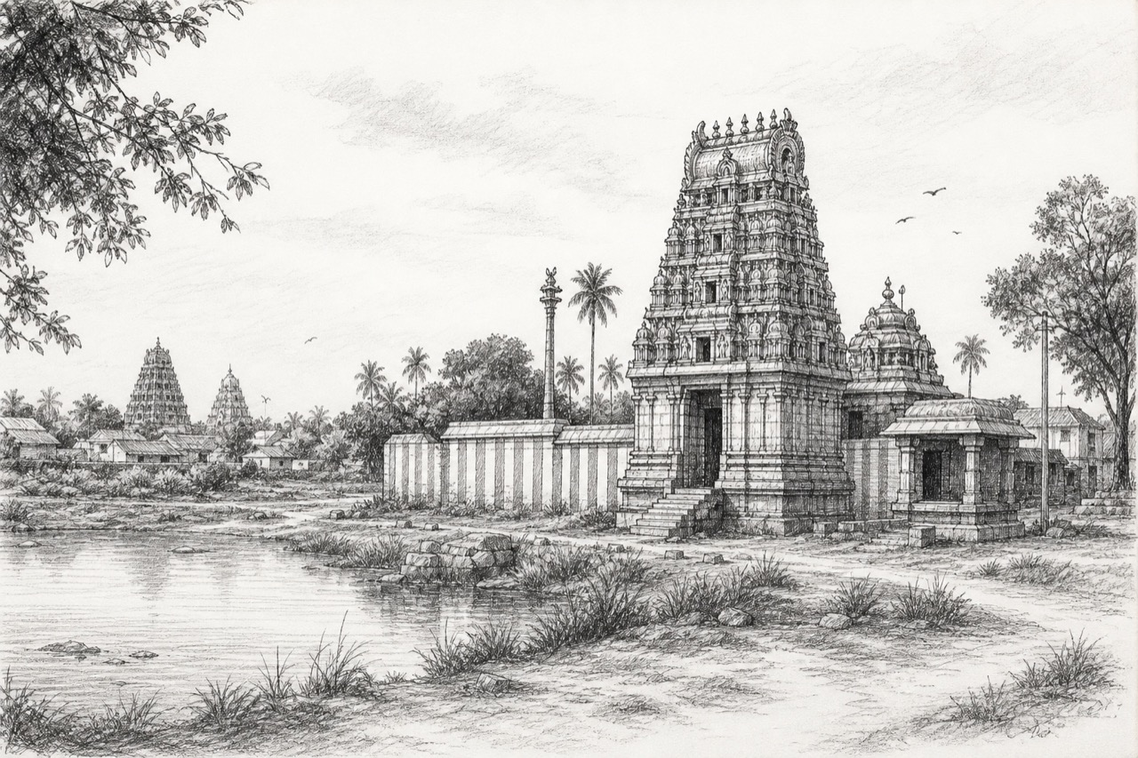 Hand-drawn pencil travel sketch for Cheyyar