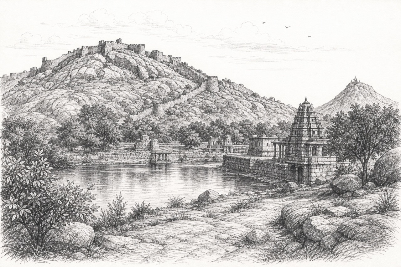 Hand-drawn pencil travel sketch for Chitradurga