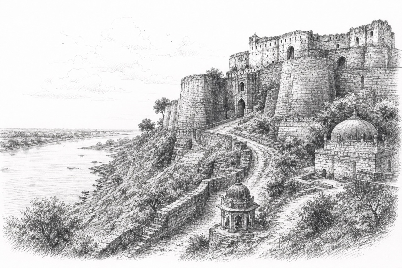 Hand-drawn pencil travel sketch for Chunār