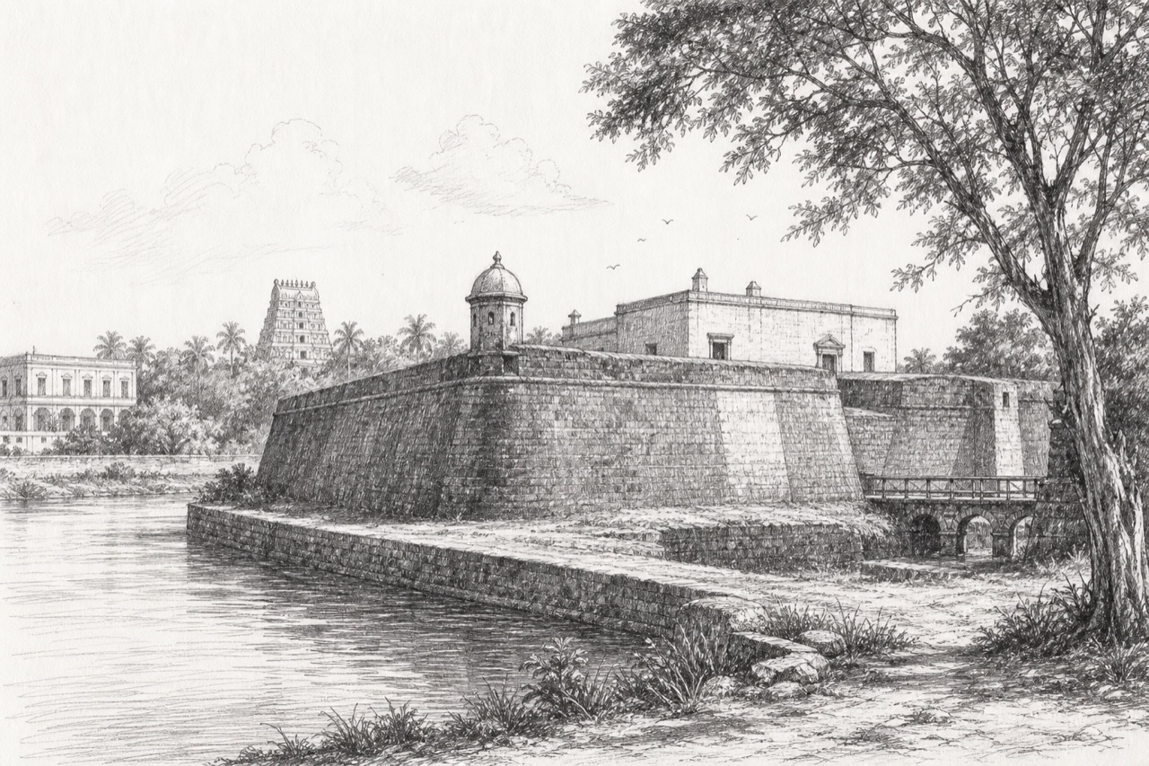 Hand-drawn pencil travel sketch for Cuddalore