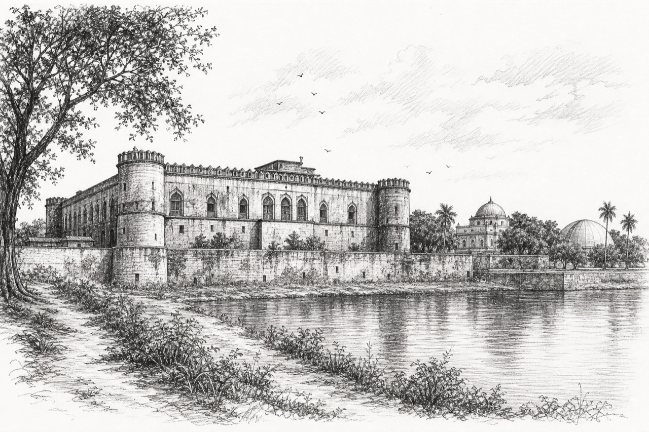 Hand-drawn pencil travel sketch for Darbhanga