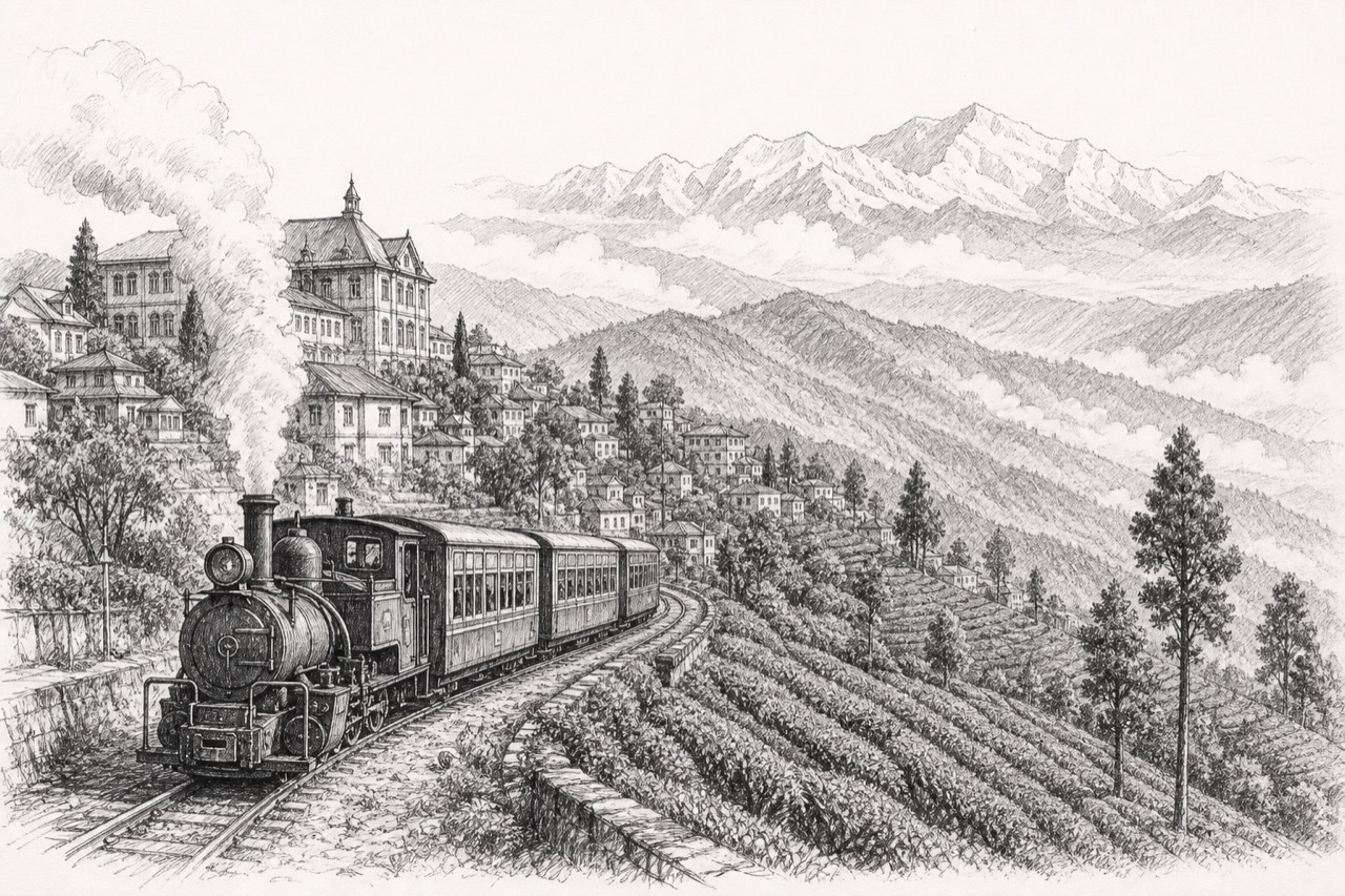 Hand-drawn pencil travel sketch for Dārjiling, India