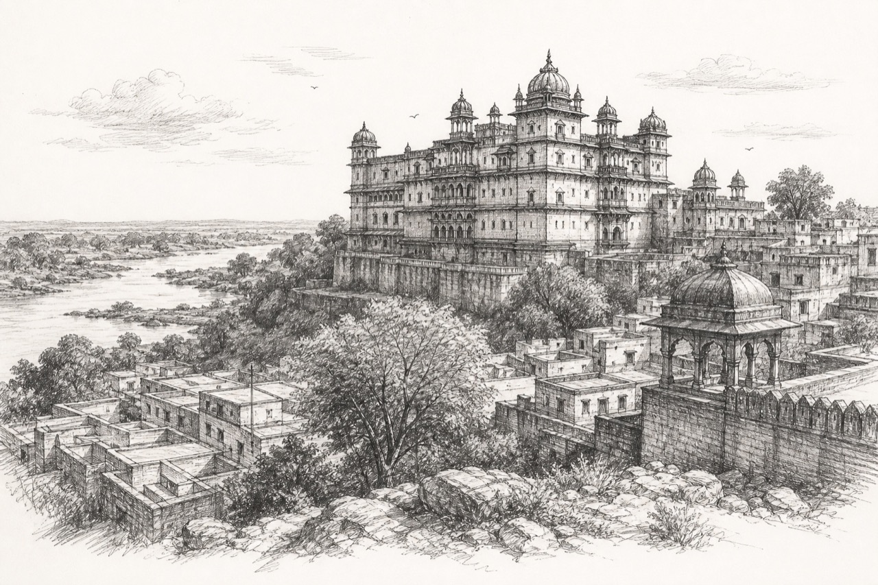 Hand-drawn pencil travel sketch for Datia