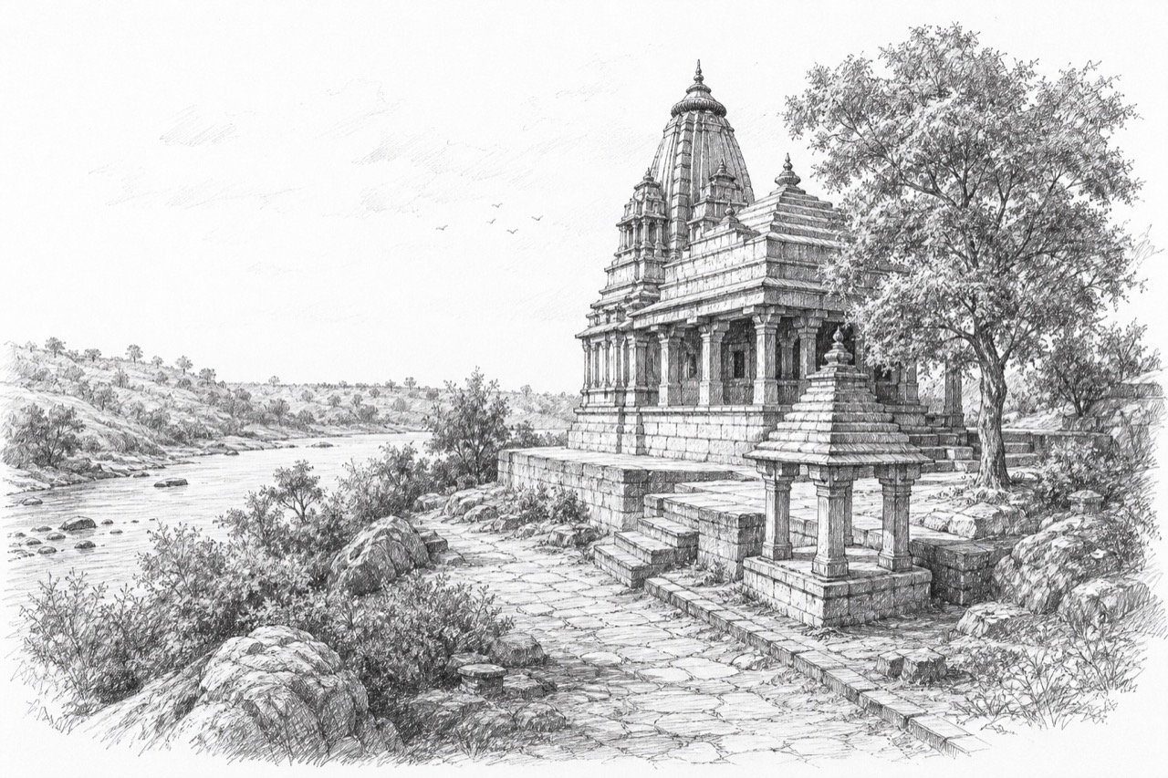 Hand-drawn pencil travel sketch for Datia area