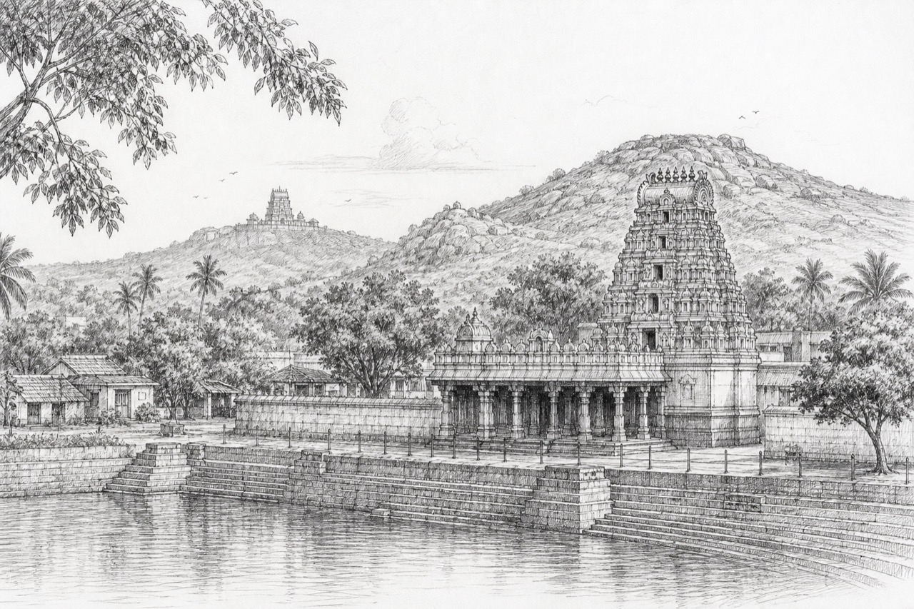 Hand-drawn pencil travel sketch for Davangere