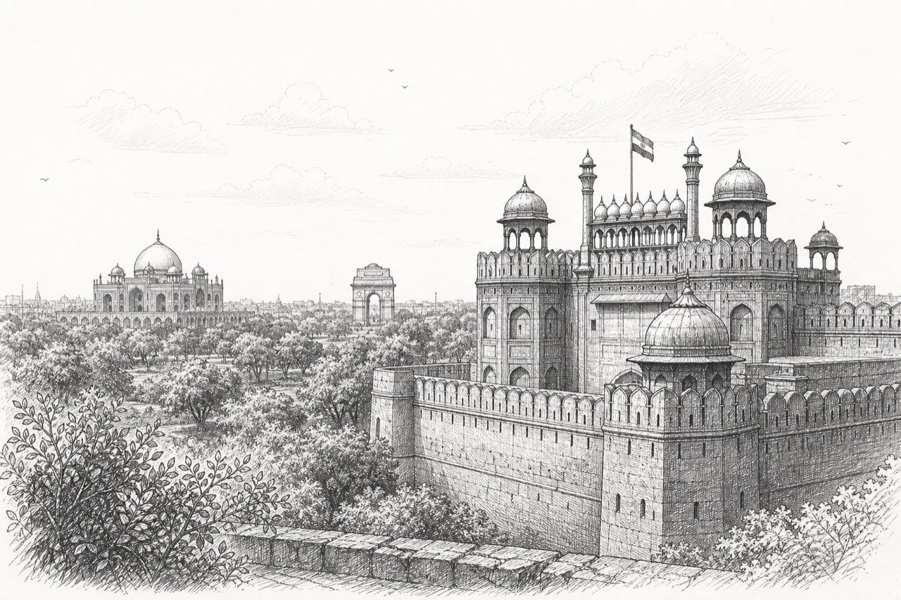 Hand-drawn pencil travel sketch for Delhi
