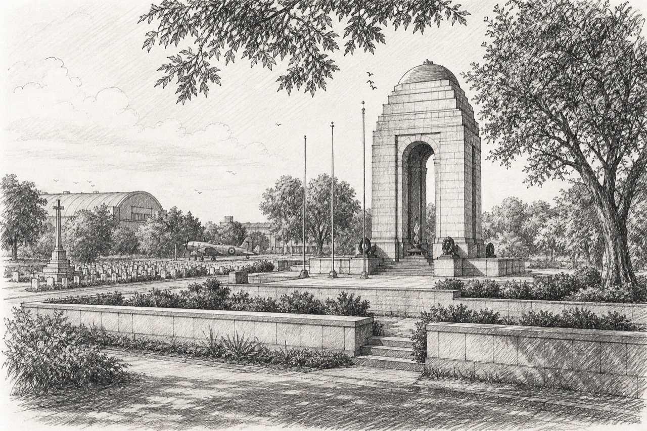 Hand-drawn pencil travel sketch for Delhi Cantonment