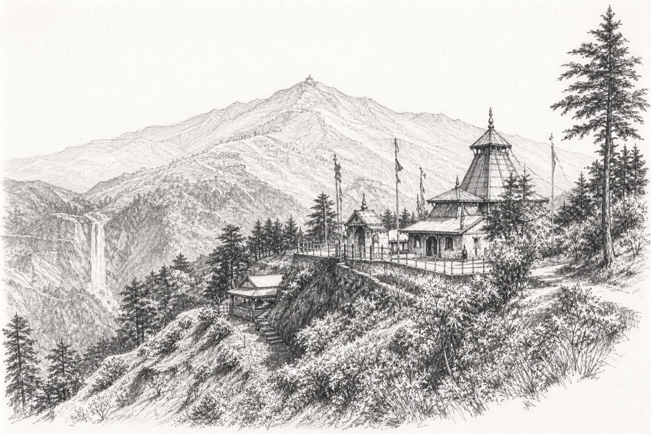 Hand-drawn pencil travel sketch for Dhanaulti area