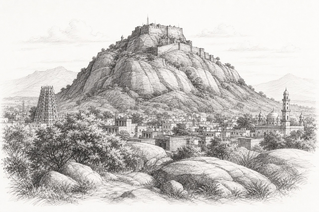 Hand-drawn pencil travel sketch for Dindigul