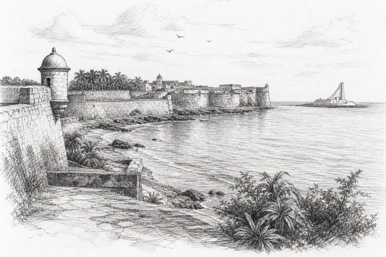 Hand-drawn pencil travel sketch for Diu