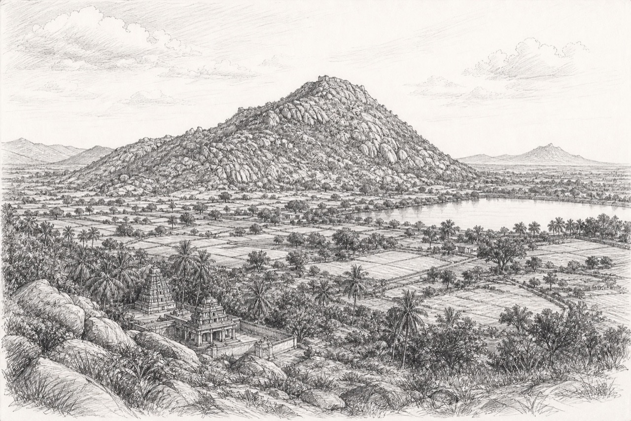 Hand-drawn pencil travel sketch for Doddaballapura