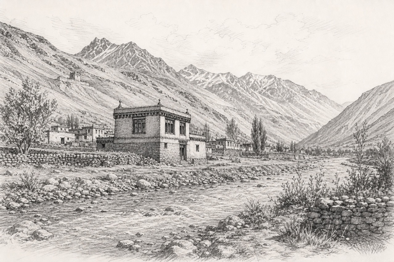 Hand-drawn pencil travel sketch for Drass area
