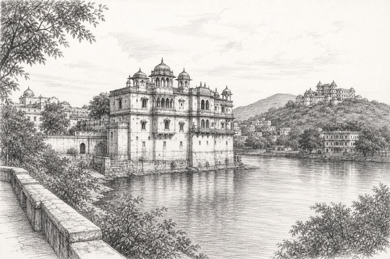 Hand-drawn pencil travel sketch for Dūngarpur