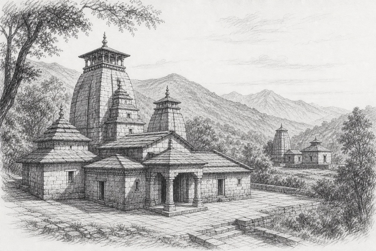 Hand-drawn pencil travel sketch for Dwārāhāt
