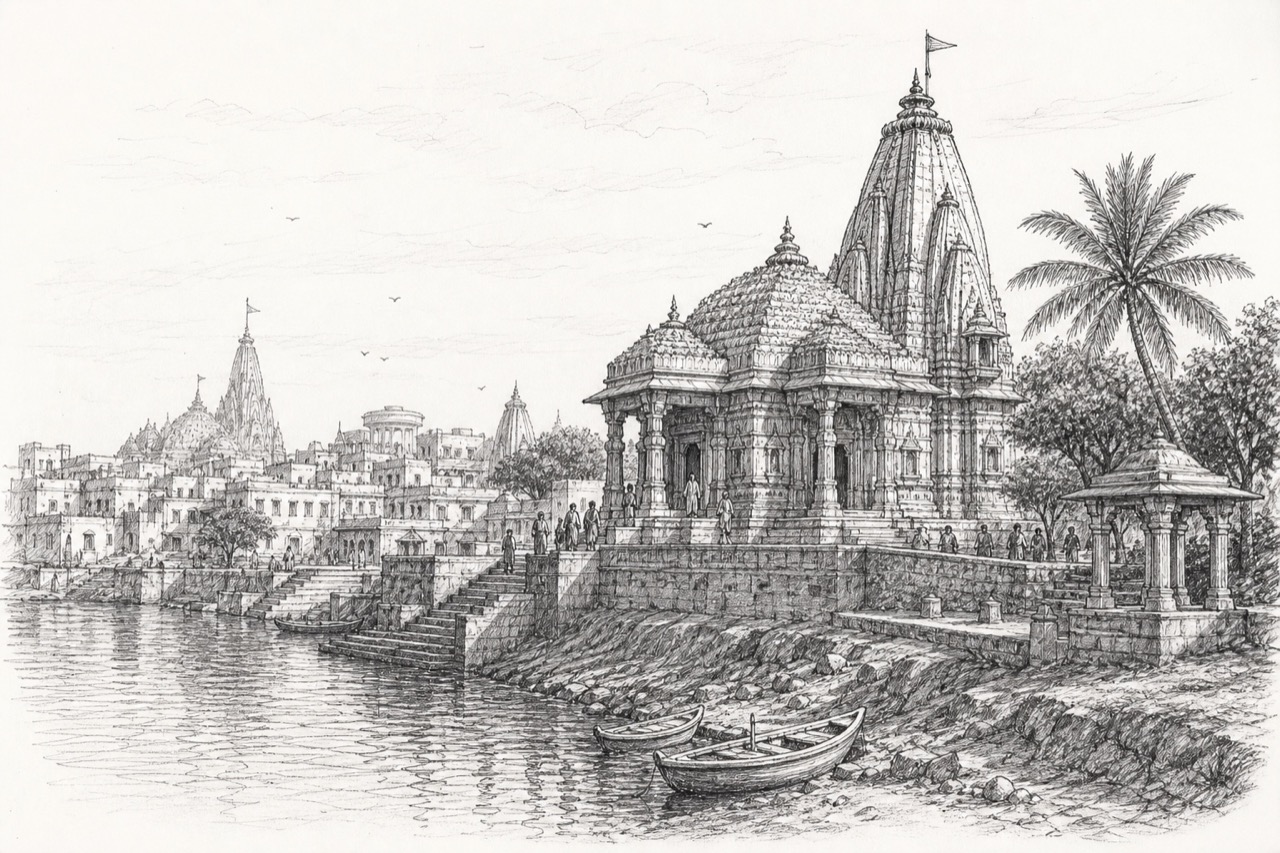 Hand-drawn pencil travel sketch for Dwārka