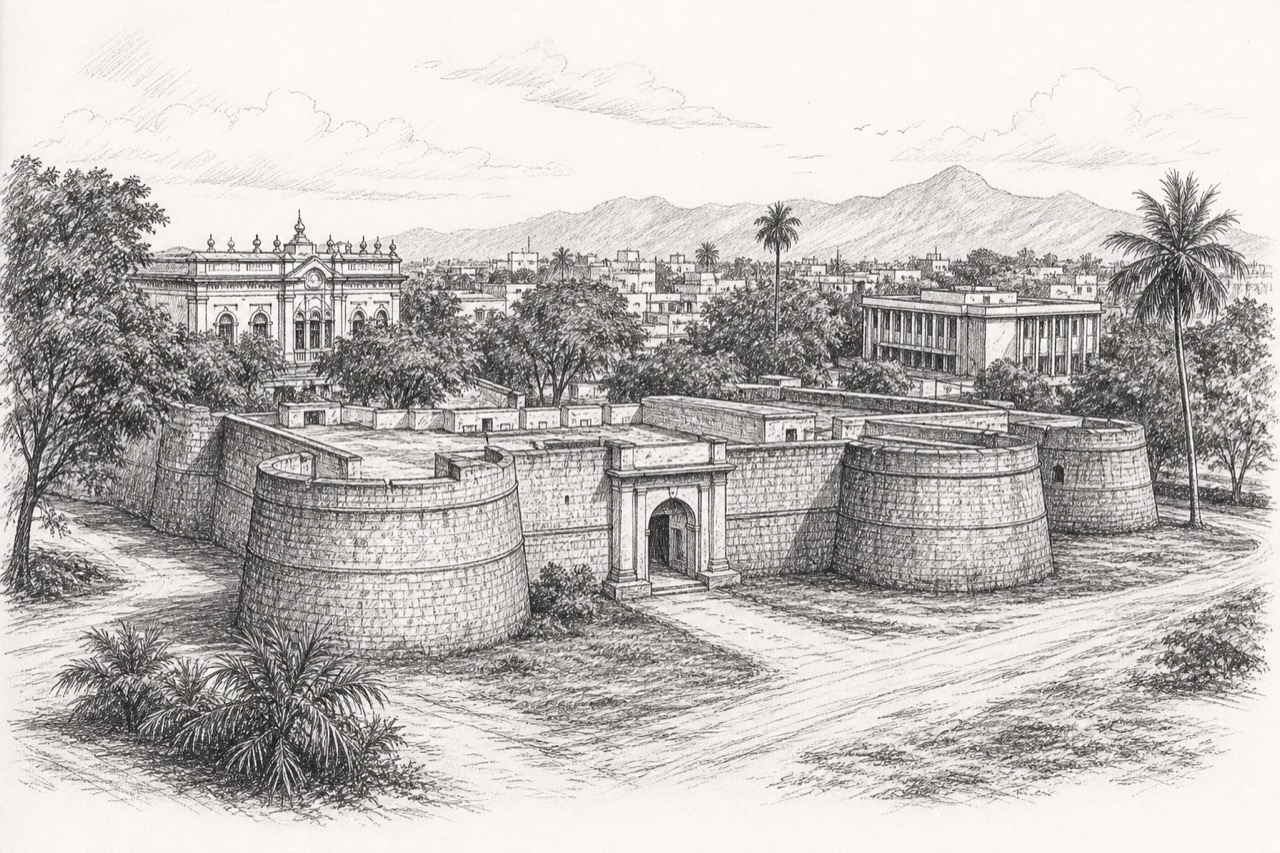 Hand-drawn pencil travel sketch for Erode