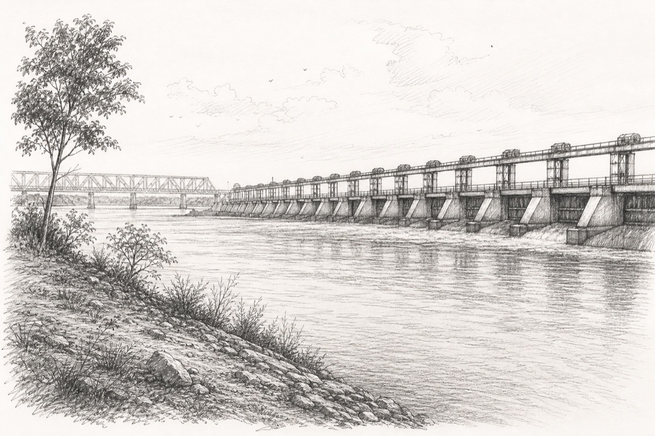 Hand-drawn pencil travel sketch for Farakka