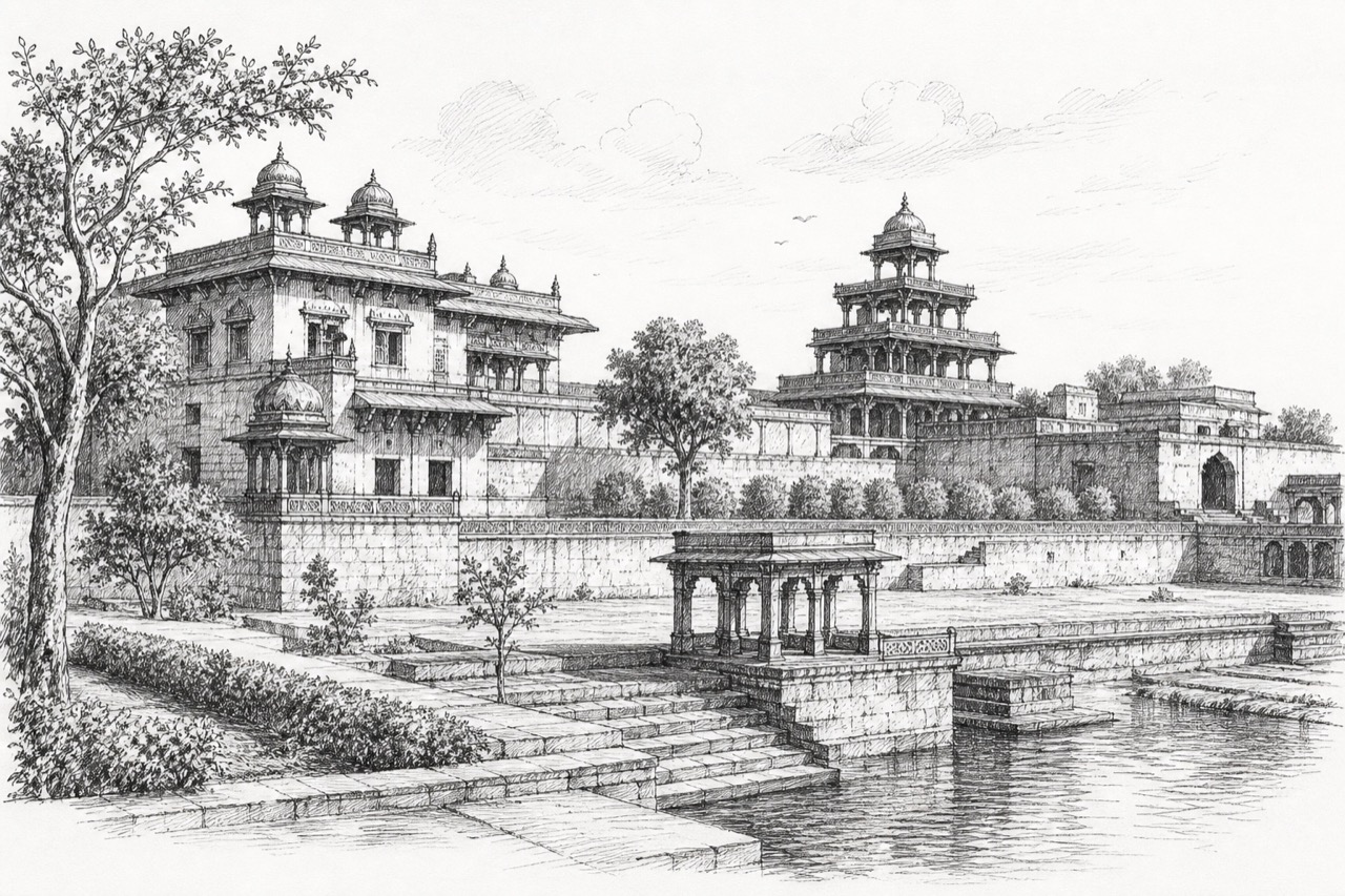 Hand-drawn pencil travel sketch for Fatehpur Sīkri