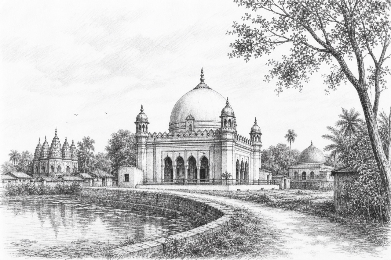 Hand-drawn pencil travel sketch for Gangārāmpur