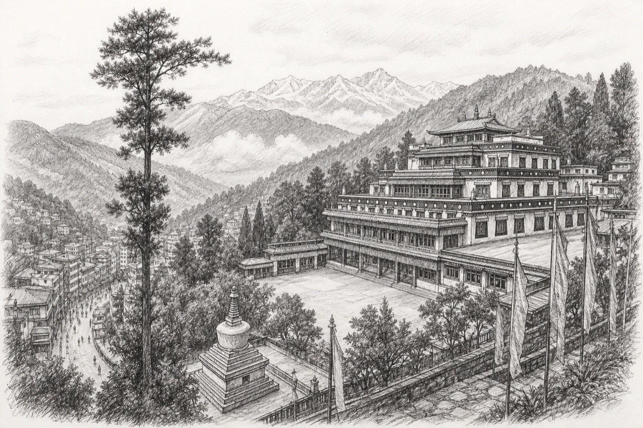 Hand-drawn pencil travel sketch for Gangtok