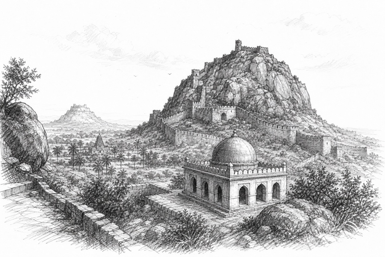 Hand-drawn pencil travel sketch for Gingee